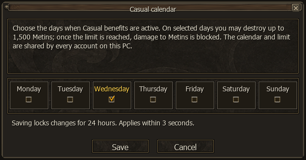 Casual calendar with day selection and saving rules