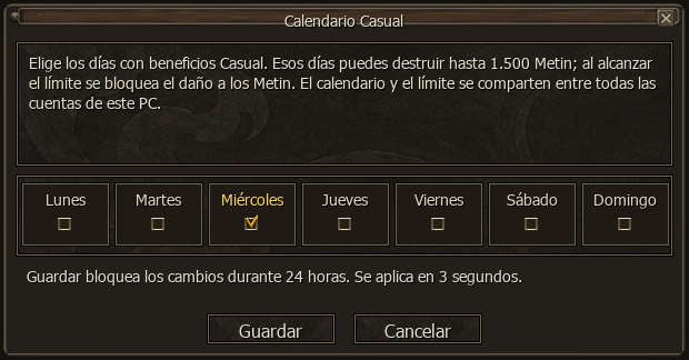 Calendario Casual con selección de días y reglas de guardado