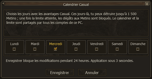 Calendrier Casual avec sélection des jours et règles d’enregistrement