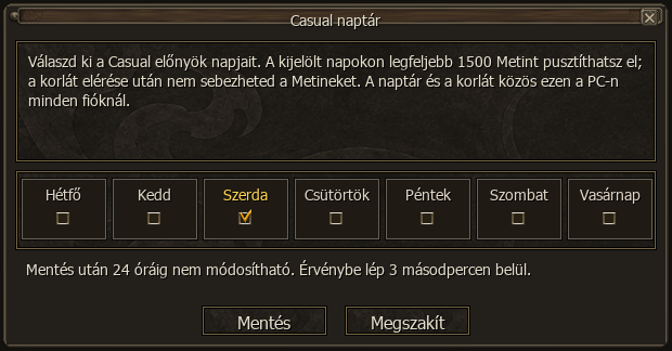 Casual-naptár napválasztással és mentési szabályokkal