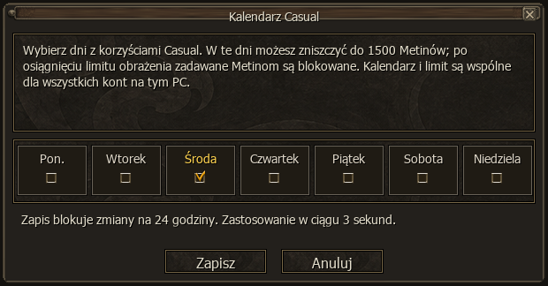 Kalendarz Casual z wyborem dni i zasadami zapisywania