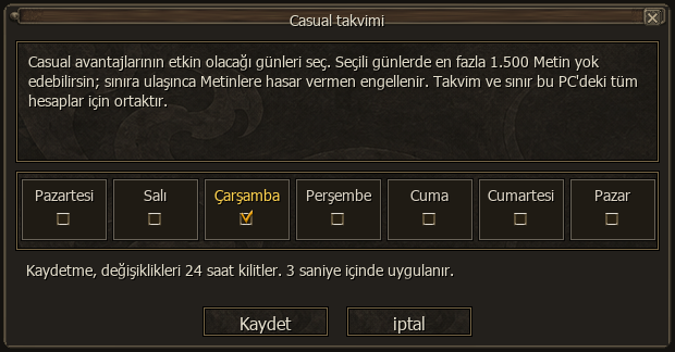 Gün seçimi ve kayıt kurallarıyla Casual takvimi