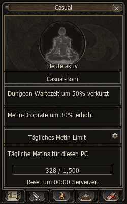 Casual-Oberfläche mit Vorteilen und täglichem Metin-Zähler