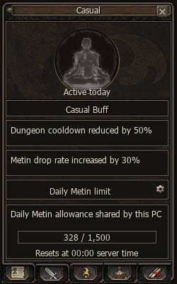 Casual interface showing benefits and the daily Metin counter