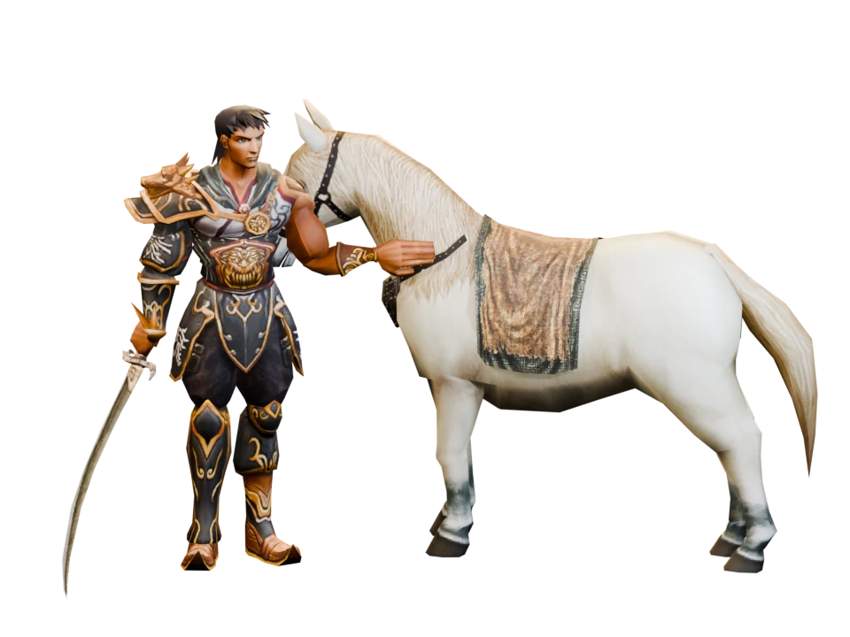 Un Guerriero accarezza la fronte di un pony bianco.