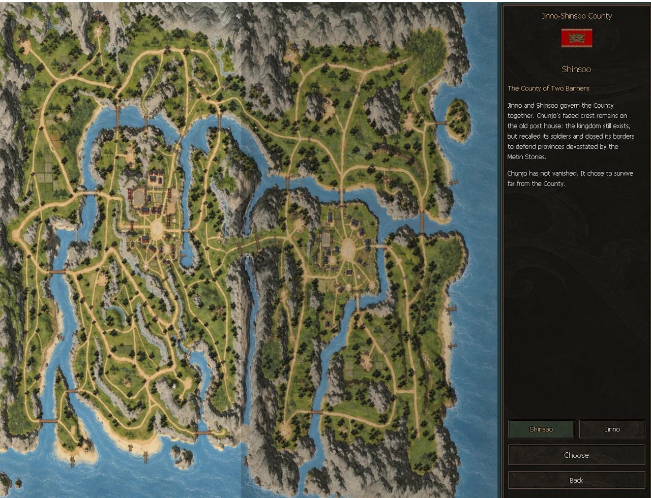 Schermata di selezione del regno con la mappa della Contea.